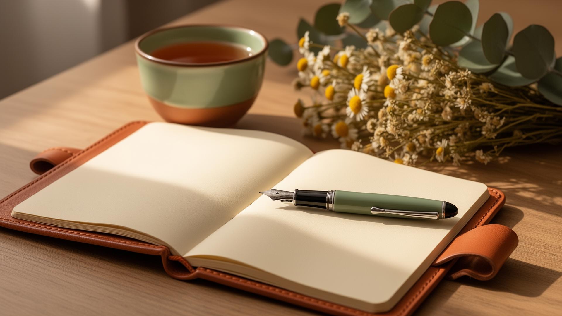 An open leather journal with a fountain pen, a cup of tea, and dried wildflowers in soft morning light